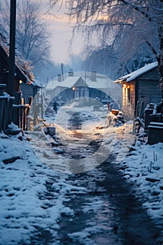 A winter scene of a snow covered street in a small town. Perfect for winter-themed projects or showcasing the beauty of photo