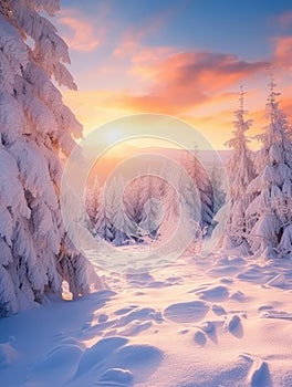 Winter scene with snow covered trees and a sunset