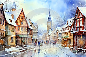 Winter scene with snow of a small village colorful watercolor painting