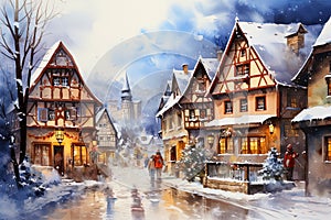 Winter scene with snow of a small village colorful watercolor painting