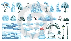 Winter scene. Snow tree. Forest in ice. Snowy and frozen lake. Scenery with branch and pine woods. Park bridge. Street