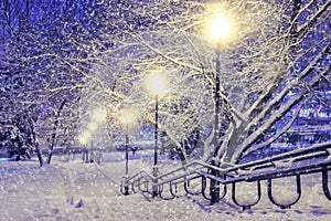 Winter scene. Snowfall in night park with lanterns. Christmas background. Snowflakes fall on snow.