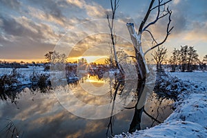 Winter scene: sunrise at the river