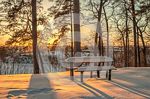 Winter scene, table, bench and trees in the snow on the sunset.