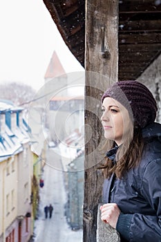 Winter scene in Tallinn, Estonia, Woman looking away