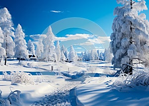Winter scene with the trees in a snowy. A snowy landscape with trees and a path