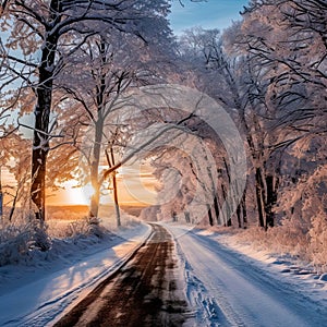 winter scene unfolds with a snowy road winding through a landscape of snow-covered trees