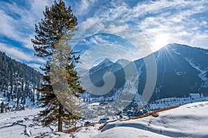 The winter scene in the village of ARU, in the Lidder valley of Kashmir near Pahalgam , India photo