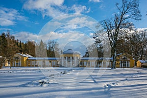 Winter scene of yellow building of Ferdinand colonnade in Marienbad