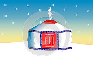 Winter scene with yurt snowflakes snowfall steppe sunset sunrise red door blue colorful pattern smoke traditional house mongolia