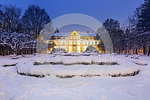 Winter scenery of Abbots Palace in snowy park