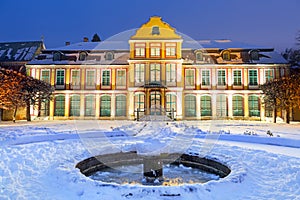 Winter scenery of Abbots Palace in snowy park