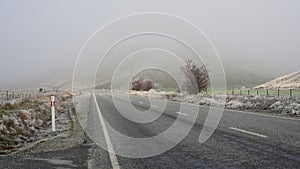 Winter scenery along the Cardrona Valley scenic road near Queenstown