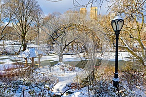 Winter Scenery in Central Park of New York City with ice and snow, USA