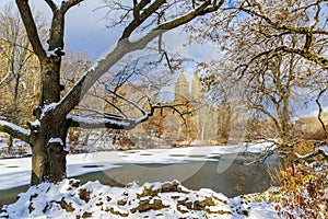 Winter Scenery in Central Park of New York City with ice and snow, USA