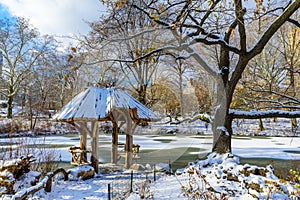 Winter Scenery in Central Park of New York City with ice and snow, USA