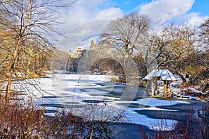 Winter Scenery in Central Park of New York City with ice and snow, USA