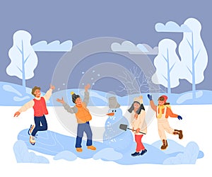 Winter scenery with children enjoying snow flat vector illustration