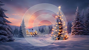 Winter scenery Christmas tree with lights, sunset and wooden house in the background.Christmas background, banner with space for