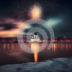 Winter scenery, an explosion of fireworks over a frozen river and a white church. New Year's fun and festiv