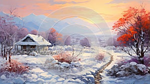 Winter Scenery Painting: Snowy Road And Landscape In Light Orange And Violet