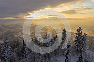 Winter scenery in Silesian Beskids mountains. View from above. Landscape photo captured with drone. Poland, Europe
