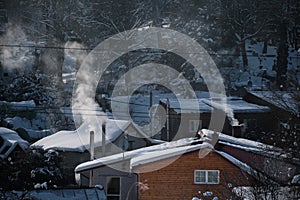 winter scenery with smoke coming from house chimneys
