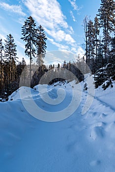 winter scenery with snow covered forest road, trees and blue sky with clouds