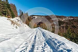 Winter scenery with snow covered road with hills above in Kysucke Beskydy mountains in Slovakia