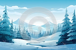 Winter scenery with snow covered trees. Blue tones. Christmas background. Generative AI