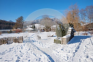 winter scenery at spa garden Schliersee, snowy landscape upper bavaria