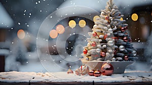 Winter scenery, tiny Christmas tree on the right with baubles, falling snow and bokech effect in the background.Christmas banner