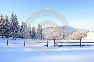 Winter scenery. Wooden fence. Beautiful landscape of high mountains, forest and blue sky. Lawn covered with white snow.