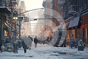 Winter scenes in bustling urban environments