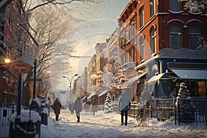 Winter scenes in bustling urban environments