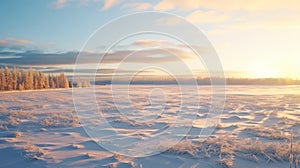 Winter Scenic Image Frozen Field And Sun In Rural Finland