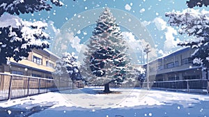 Winter Schoolyard Scene With Decorated Christmas Tree And Falling Snow