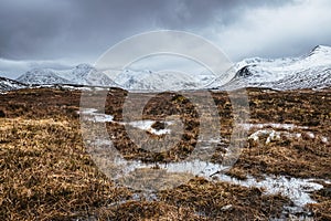 Winter Scottish Highlands landscape on Rannoch Moor.