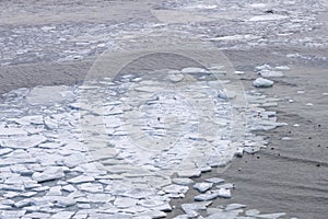 Winter sea in Vladivostok near the Russian island, covered with floating ice floes