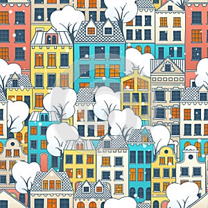Winter seamless background with a old town. Hand drawn colorful houses and snow trees.