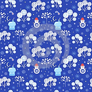 Winter seamless blue wallpaper with abstract snowy trees, little funny house, paper cutting Christmas star, crescent and snowman.