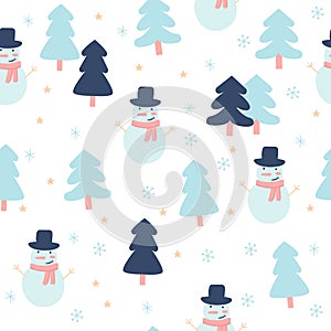 Winter seamless ornament pattern with snowmans and trees. Christmas background with snowflakes. Template for christmas