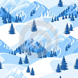 Winter seamless pattern. Beautiful landscape with snowy mountains and fir forest