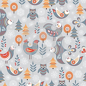 Winter seamless pattern with birds, trees, snowflakes.