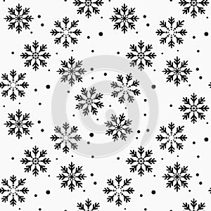 Winter seamless pattern with black snowflakes and dots on white background. New Year backdrop. Vector Christmas background for