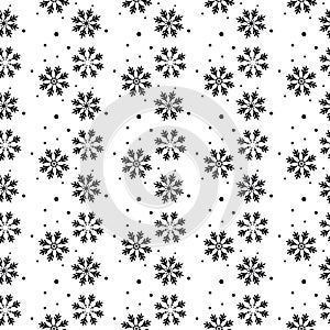 Winter seamless pattern with black snowflakes and dots on white background. New Year backdrop. Vector Christmas background for