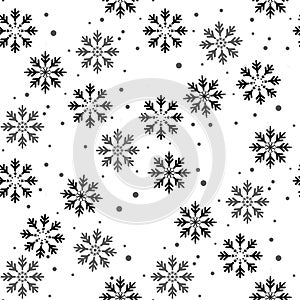 Winter seamless pattern with black snowflakes and dots on white background. New Year backdrop. Vector Christmas background for