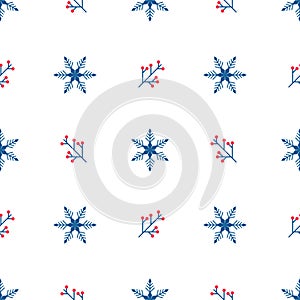 Winter seamless pattern of blue snowflakes and branches with red berries on white background in Scandinavian style