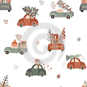 Winter seamless pattern of cars with Christmas trees, gift boxes and light garlands