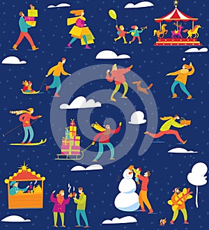 Winter seamless pattern with cartoon people for Christmas